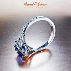 Blue Sapphire engagement ring, Brian Gavin split shank halo